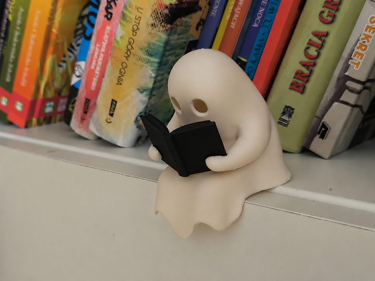 3D Printed Reading Ghost Figurine — Cute Bookshelf Decor & Night Light