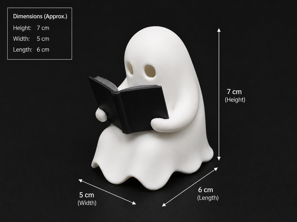 3D Printed Reading Ghost Figurine — Cute Bookshelf Decor & Night Light