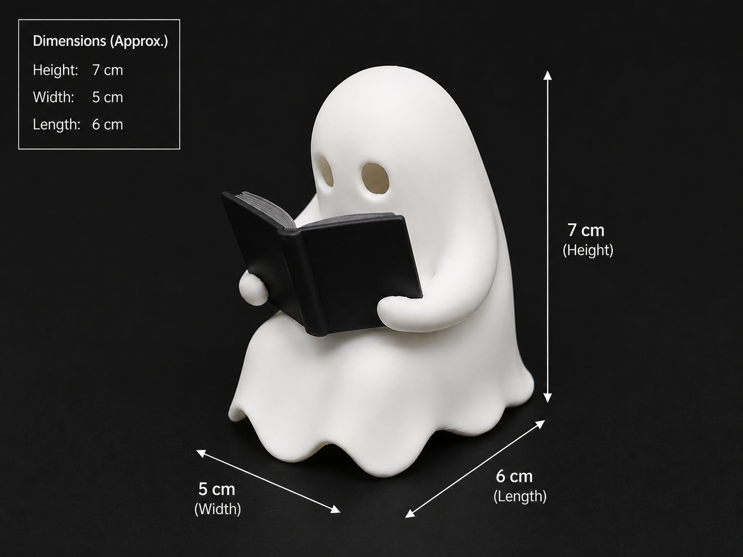 3D Printed Reading Ghost Figurine — Cute Bookshelf Decor & Night Light
