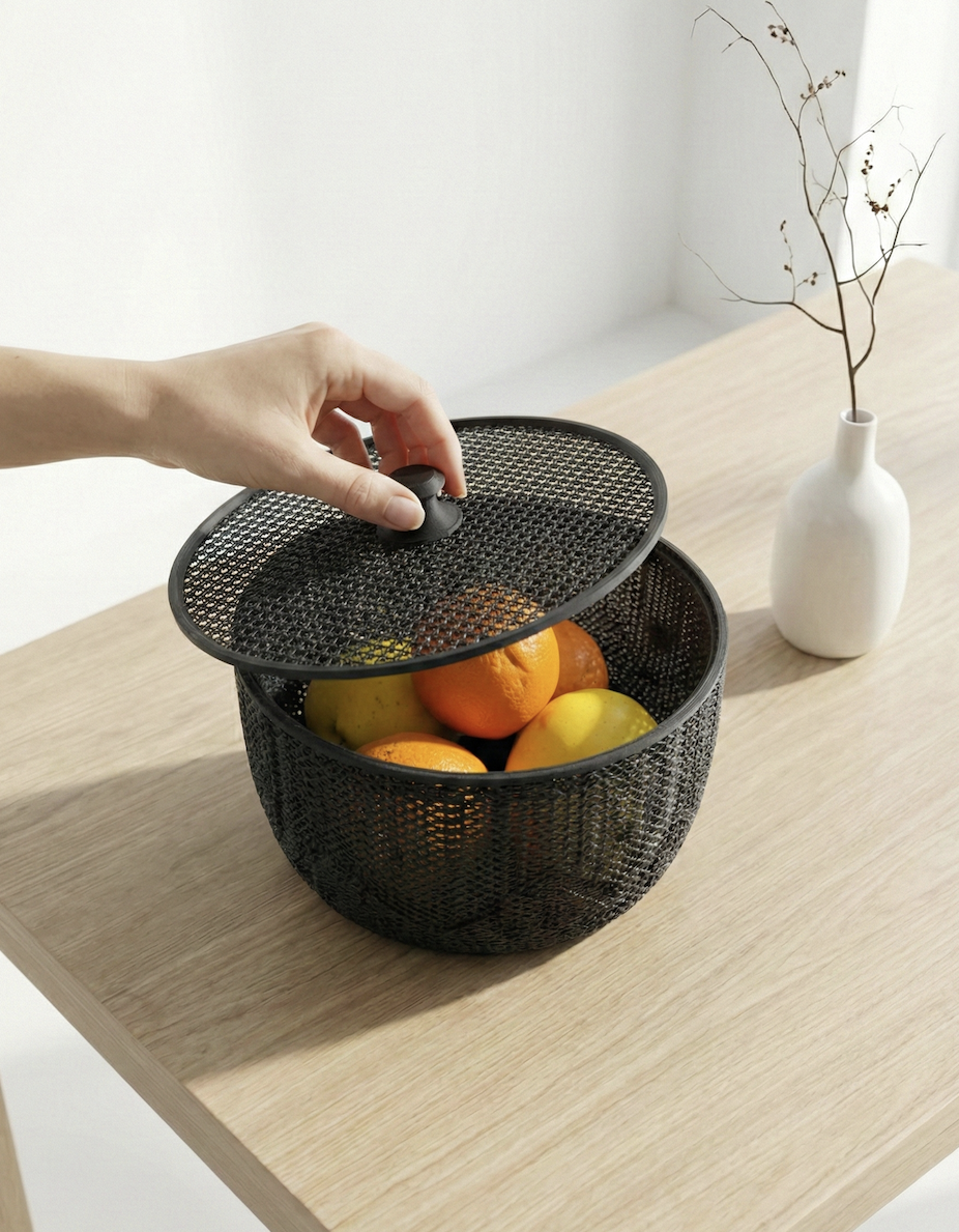 3D Printed Mesh Fruit Basket with Lid — Designer Woven Bowl for Kitchen & Home Decor