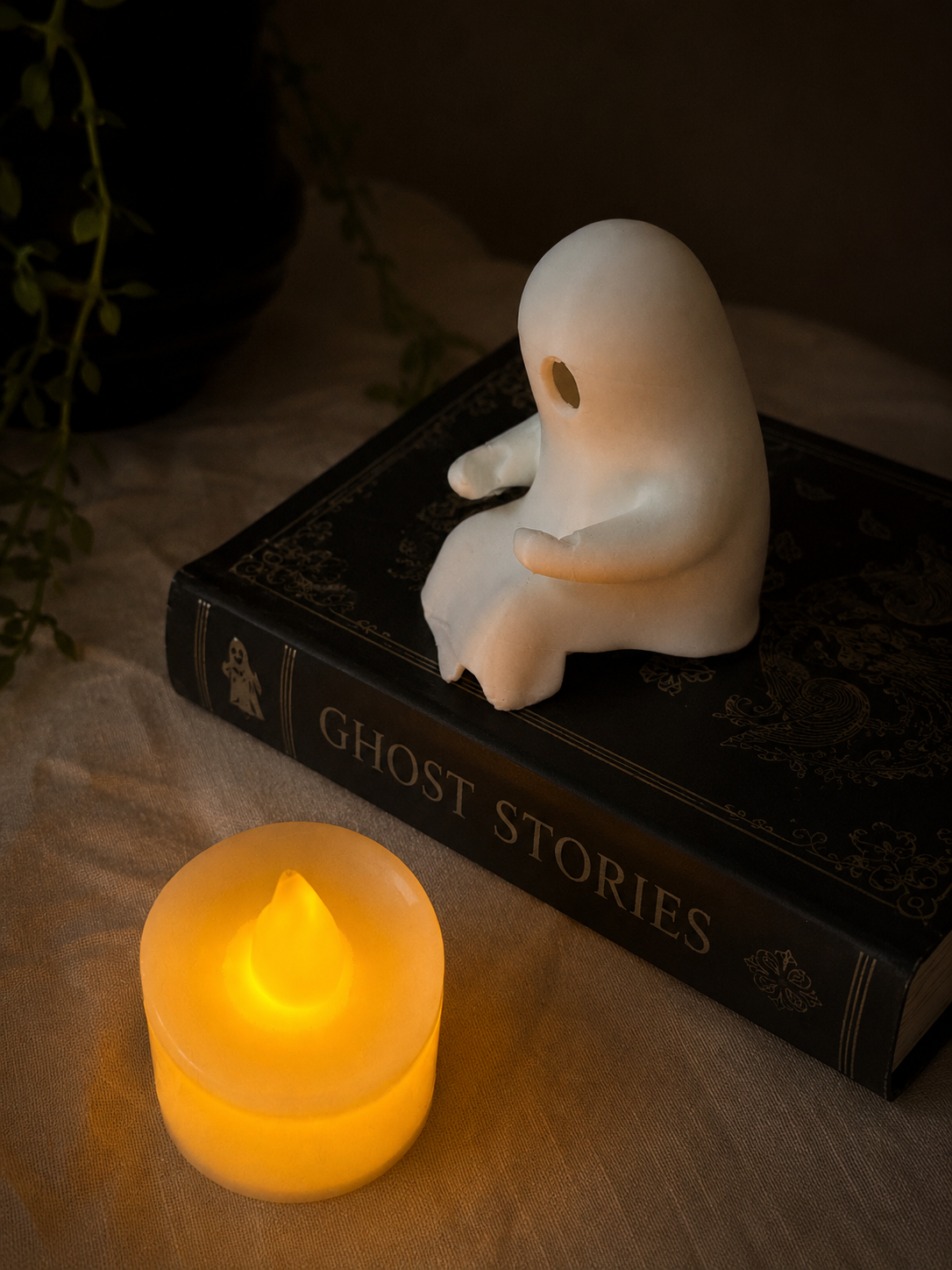 3D Printed Reading Ghost Figurine — Cute Bookshelf Decor & Night Light
