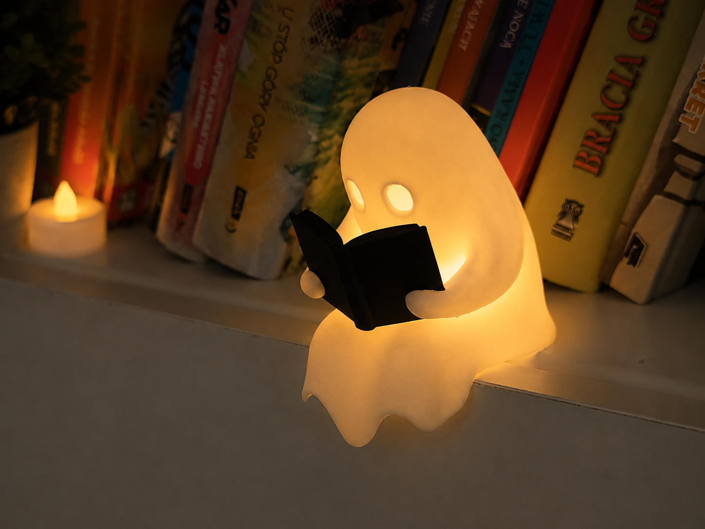 3D Printed Reading Ghost Figurine — Cute Bookshelf Decor & Night Light