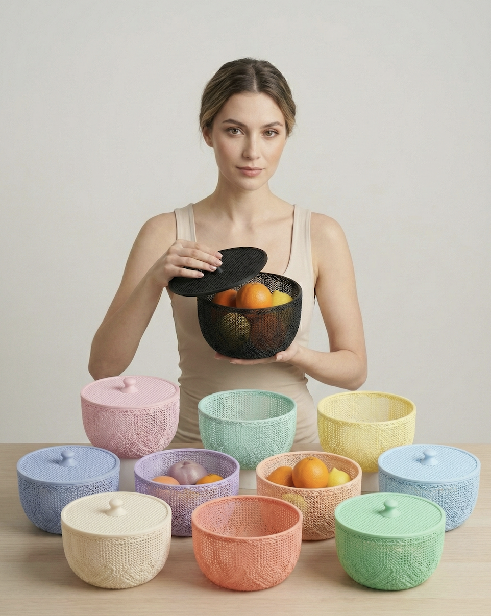 3D Printed Mesh Fruit Basket with Lid — Designer Woven Bowl for Kitchen & Home Decor