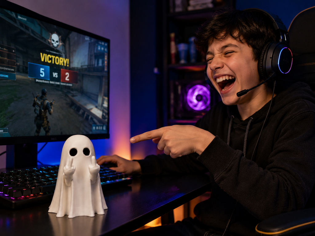 Rude Ghost Figurine — Funny Desk Decor for Gamers & Gift for Adults