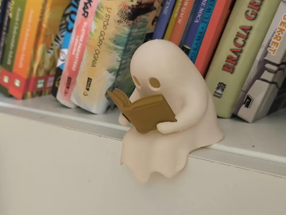 3D Printed Reading Ghost Figurine — Cute Bookshelf Decor & Night Light