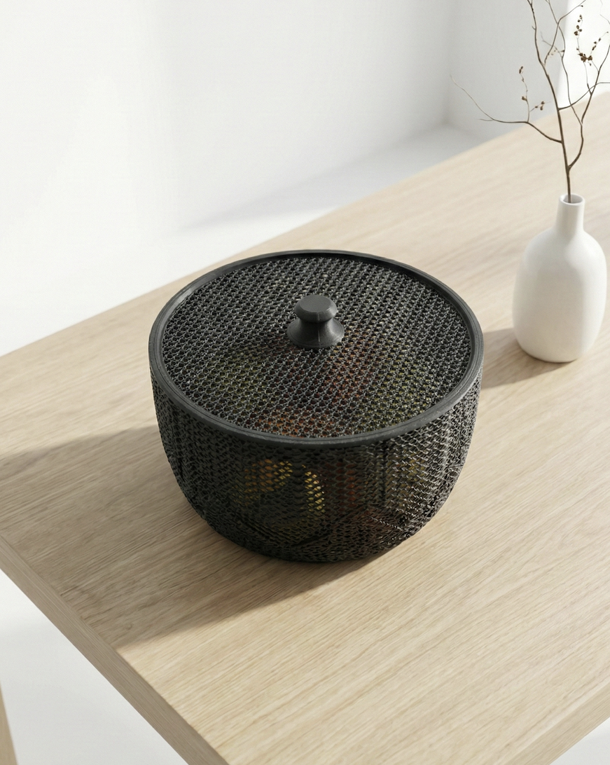 3D Printed Mesh Fruit Basket with Lid — Designer Woven Bowl for Kitchen & Home Decor