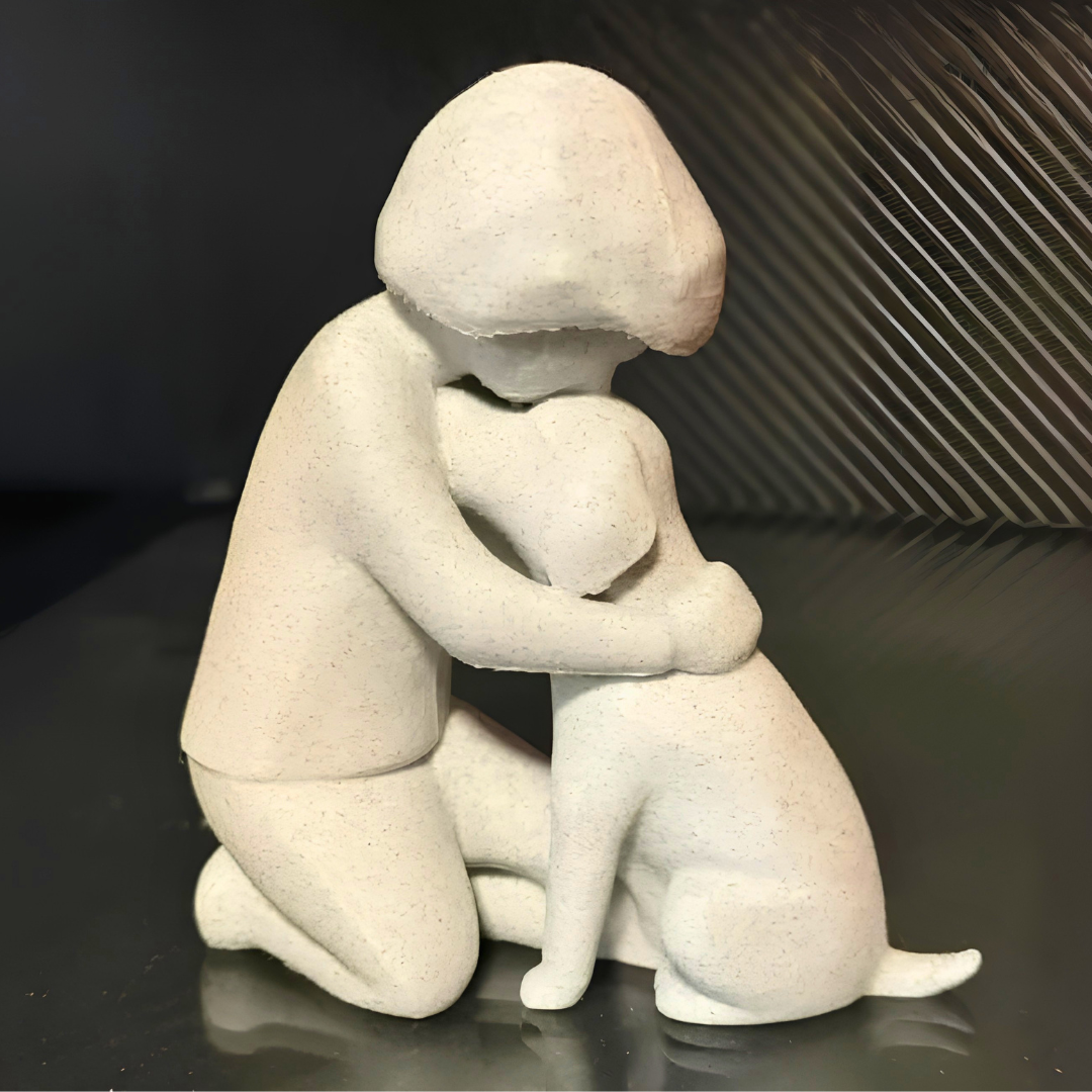 Decorative Stone Sculpture, Dog and Owner Figurine, Modern Home Decor