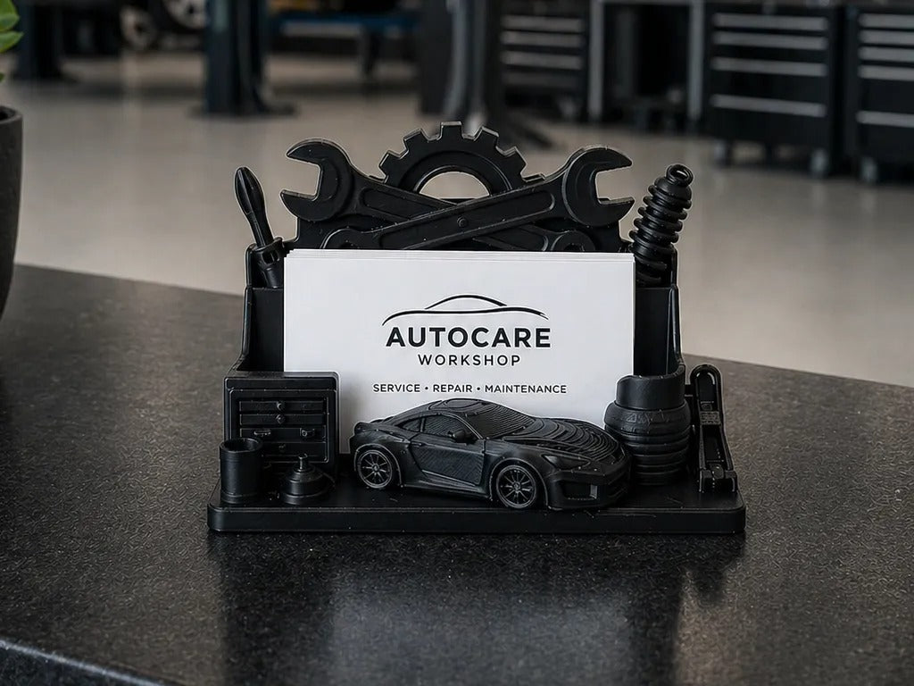 Mechanic & Auto Workshop Business Card Holder — 3D Printed Desk Organizer