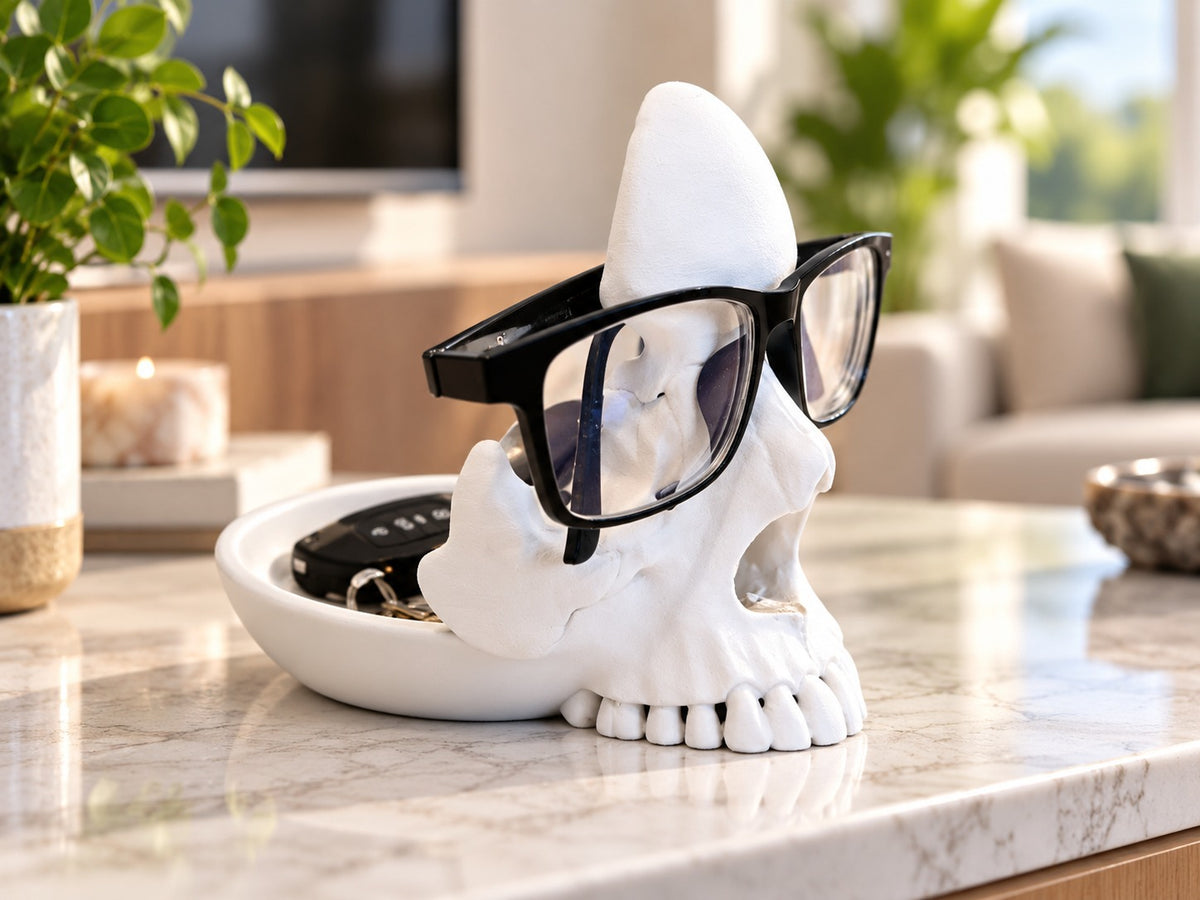 3D Printed Skull Glasses Holder with Tray | Eyeglass Stand | Desk Organizer | Home Decor Gift