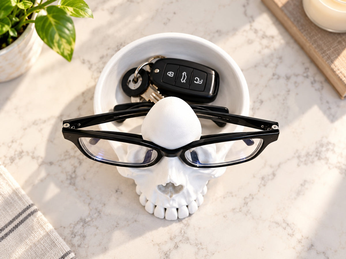 3D Printed Skull Glasses Holder with Tray | Eyeglass Stand | Desk Organizer | Home Decor Gift