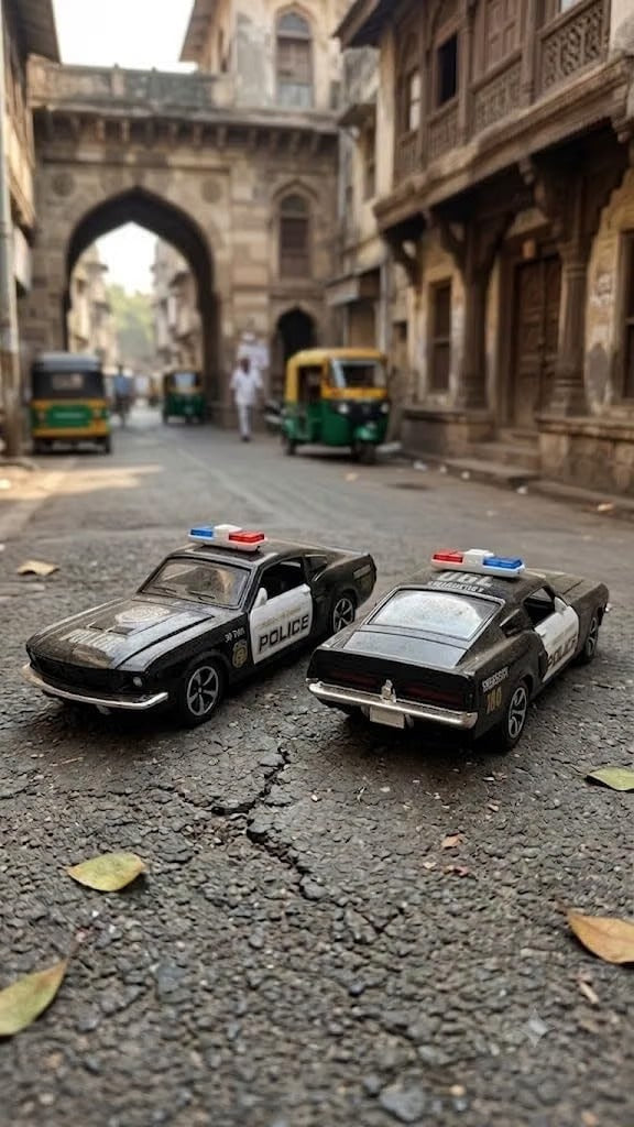 Police Mustang Die-Cast Pull Back Car | LED Light Bar | Openable Hood & Doors | Kids Gift