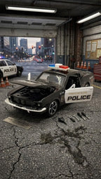 Police Mustang Die-Cast Pull Back Car | LED Light Bar | Openable Hood & Doors | Kids Gift