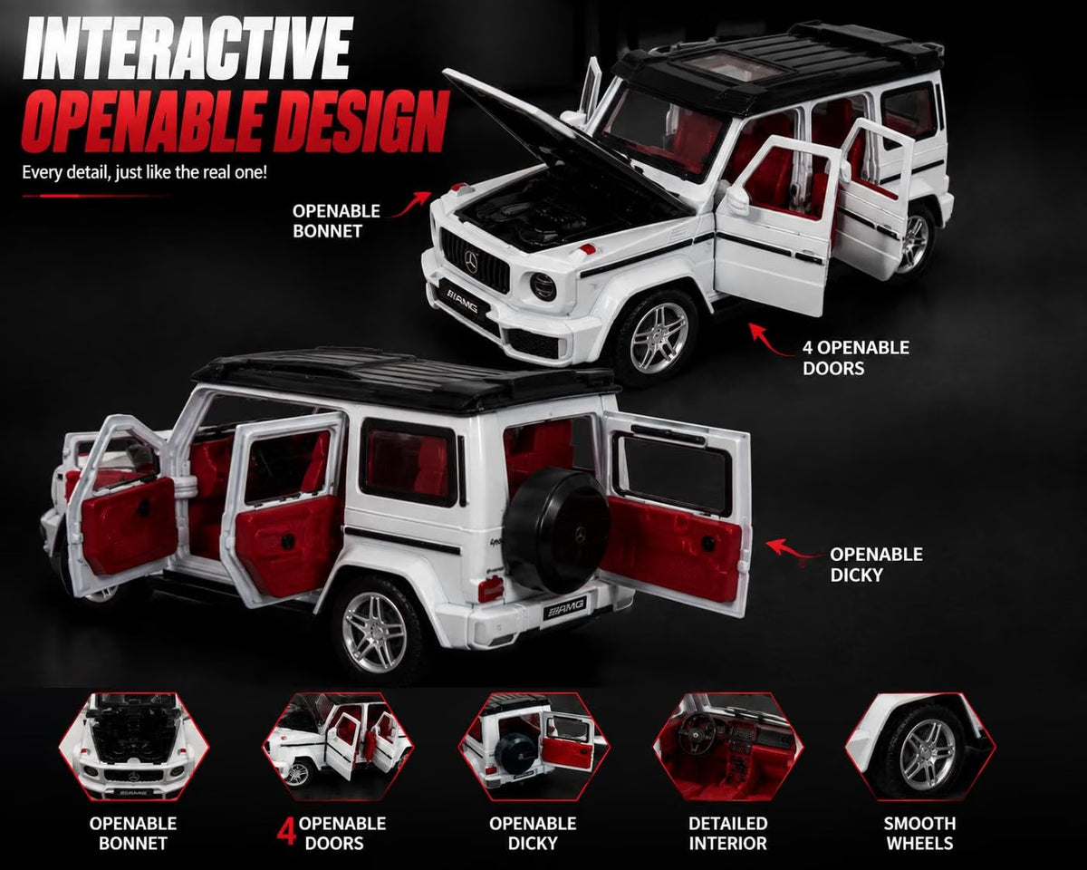 G-Wagon AMG Style Die-Cast Pull Back Car | Lights & Engine Sound | Openable Doors | 1:28 Scale | Kids Gift
