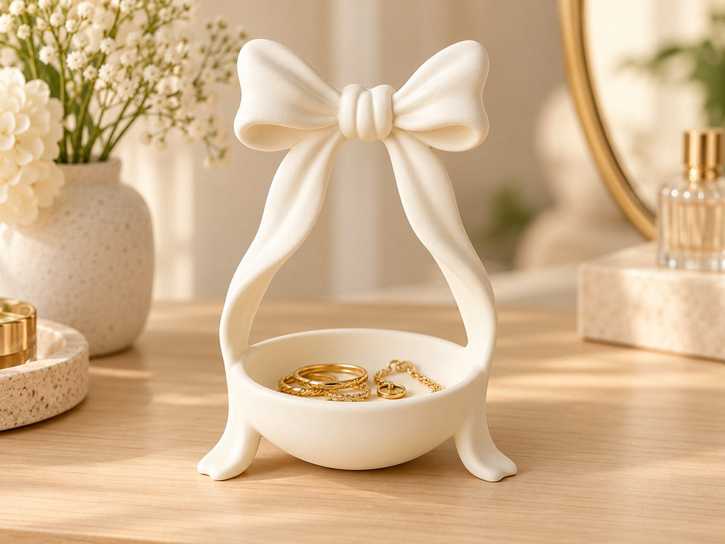 3D Printed White Bow Jewellery Holder ,Elegant Ring & Accessories Dish