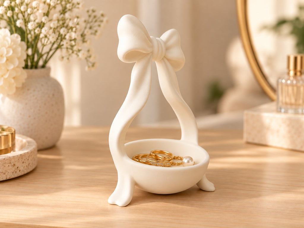 3D Printed White Bow Jewellery Holder ,Elegant Ring & Accessories Dish
