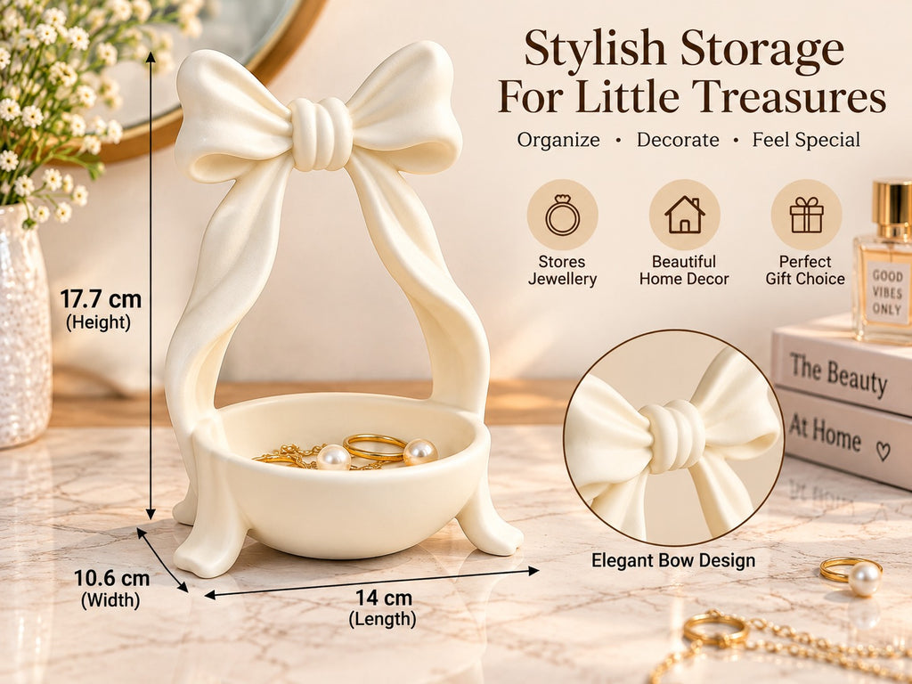 3D Printed White Bow Jewellery Holder ,Elegant Ring & Accessories Dish