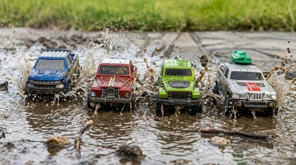 ZF Racer Off-Road Truck Set of 4 | Pull Back Mini Toy Trucks | Multi-Color Pack | Kids Gift
