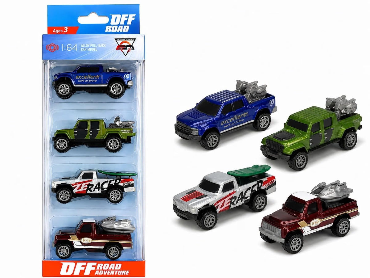 ZF Racer Off-Road Truck Set of 4 | Pull Back Mini Toy Trucks | Multi-Color Pack | Kids Gift