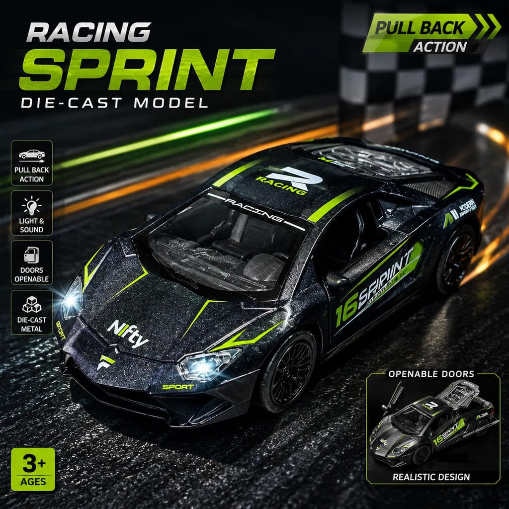Die-Cast Pull Back Car with Lights & Sound | Openable Doors & Hood