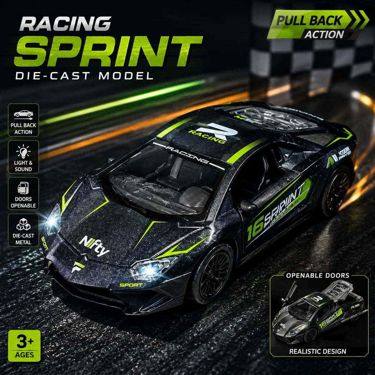 Die-Cast Pull Back Car with Lights & Sound | Openable Doors & Hood