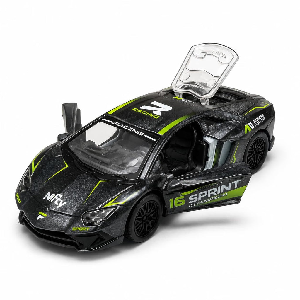 Die-Cast Pull Back Car with Lights & Sound | Openable Doors & Hood
