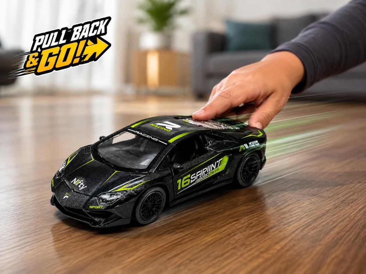 Die-Cast Pull Back Car with Lights & Sound | Openable Doors & Hood