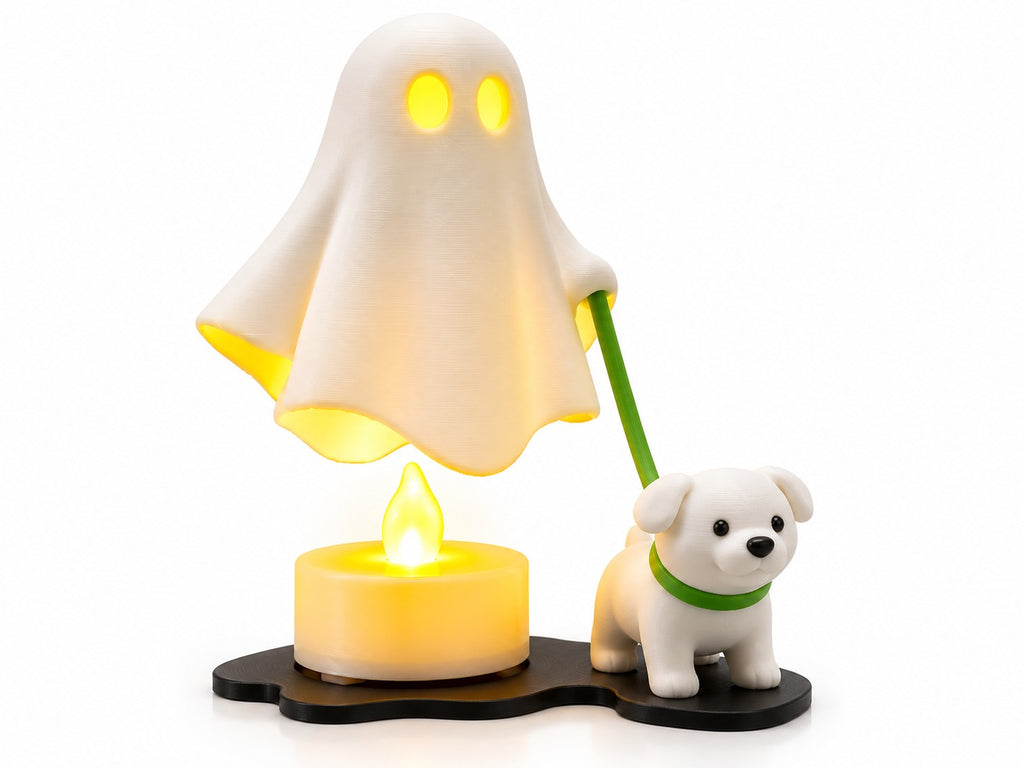 Ghost & Puppy LED Tealight Figurine Set | 3D Printed Cozy Halloween Night Light Desk Decor