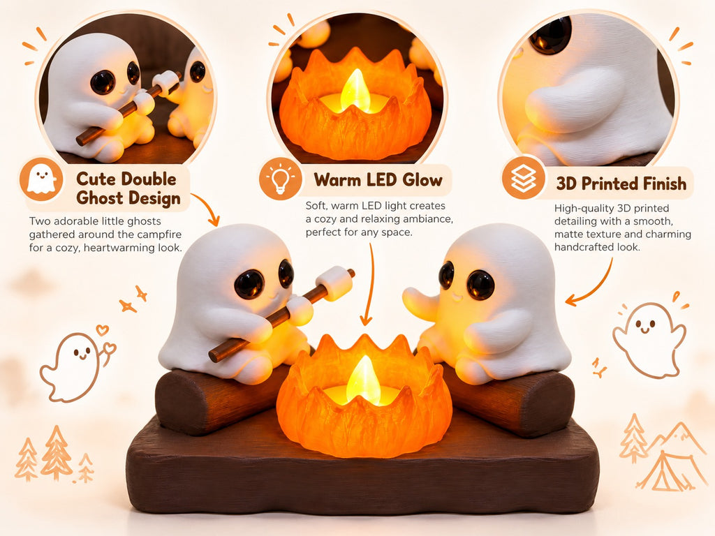 Cute Ghost Campfire LED Night Light | 3D Printed Ghost Duo Figurine | Cozy Halloween Desk Decor