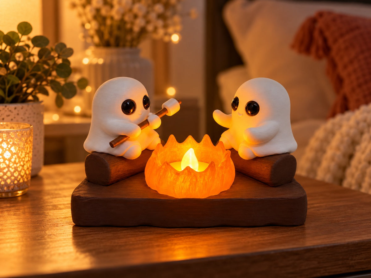 Cute Ghost Campfire LED Night Light | 3D Printed Ghost Duo Figurine | Cozy Halloween Desk Decor