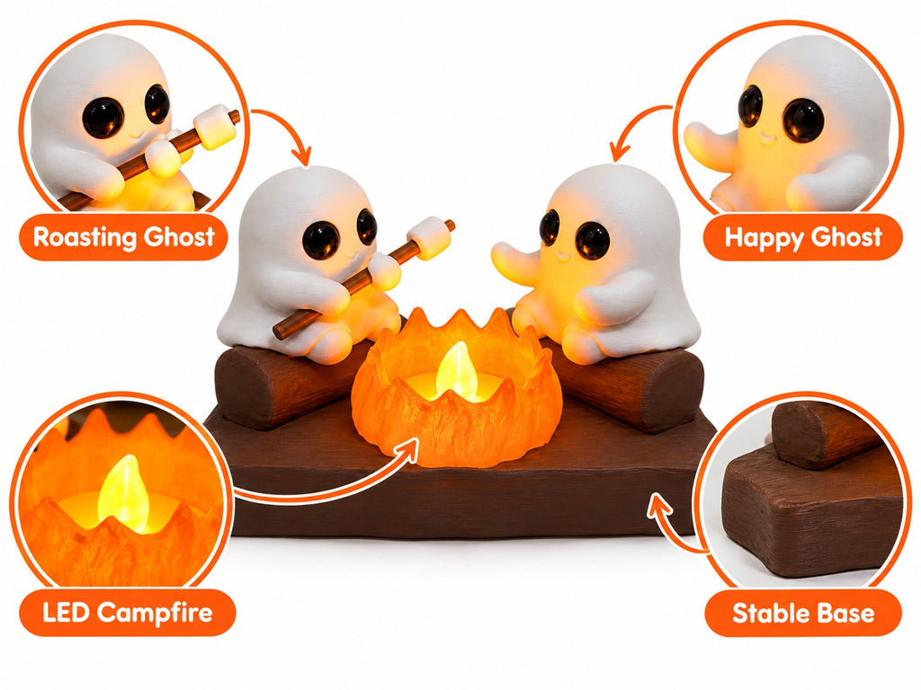 Cute Ghost Campfire LED Night Light | 3D Printed Ghost Duo Figurine | Cozy Halloween Desk Decor