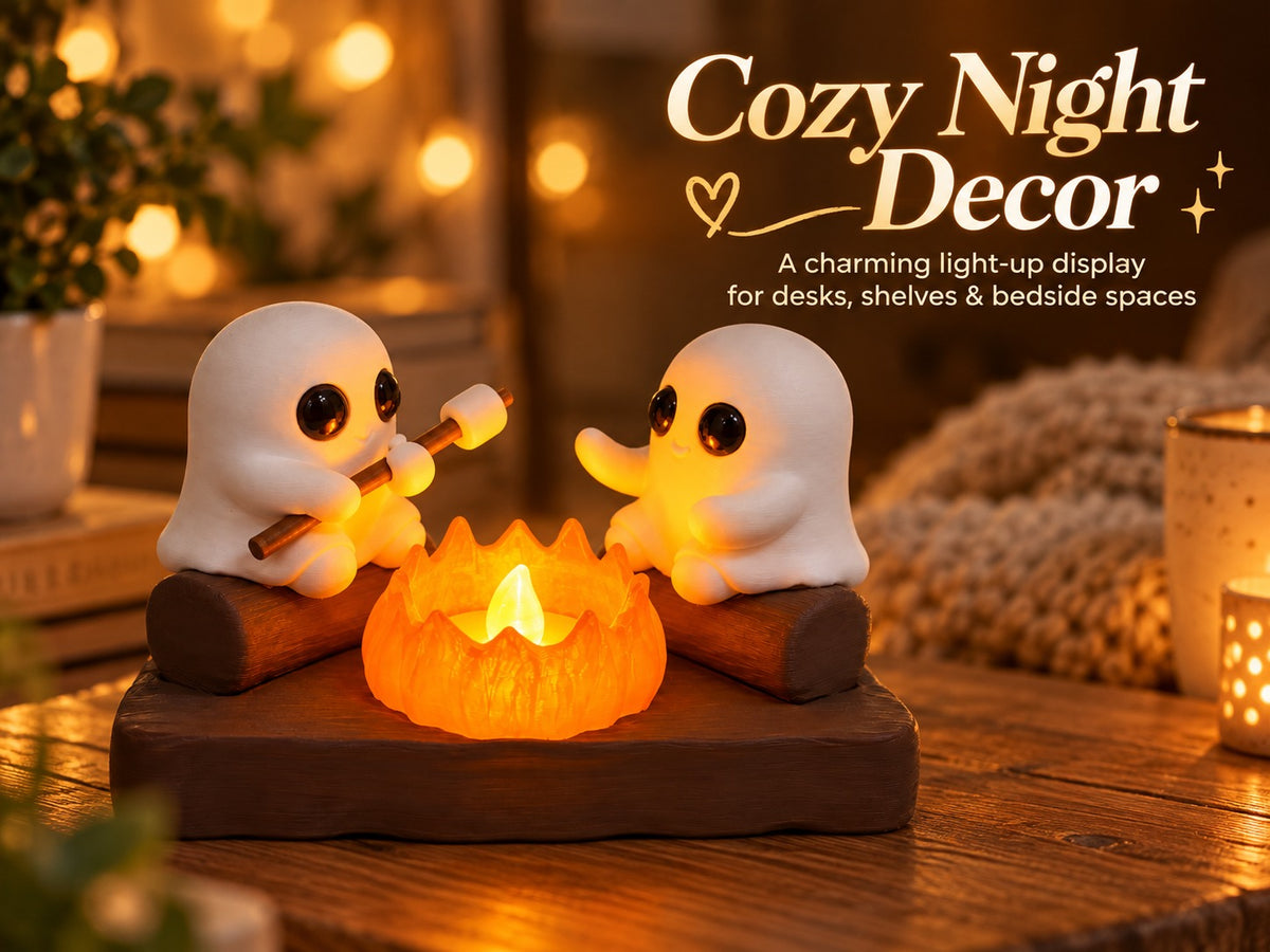 Cute Ghost Campfire LED Night Light | 3D Printed Ghost Duo Figurine | Cozy Halloween Desk Decor