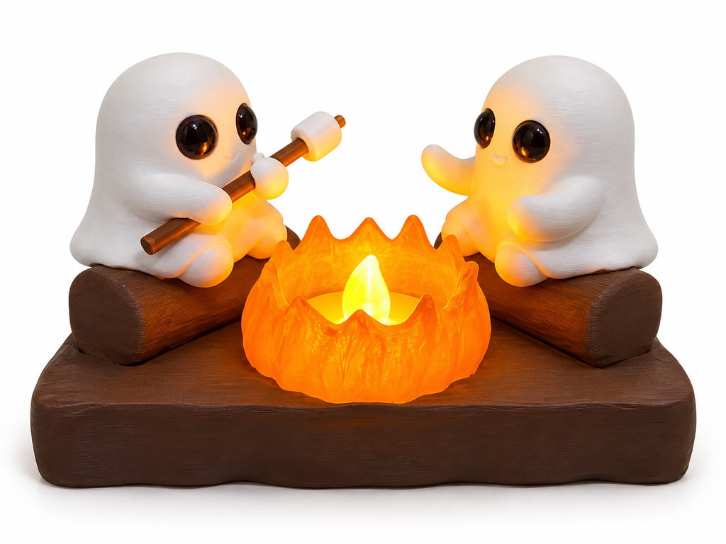 Cute Ghost Campfire LED Night Light | 3D Printed Ghost Duo Figurine | Cozy Halloween Desk Decor