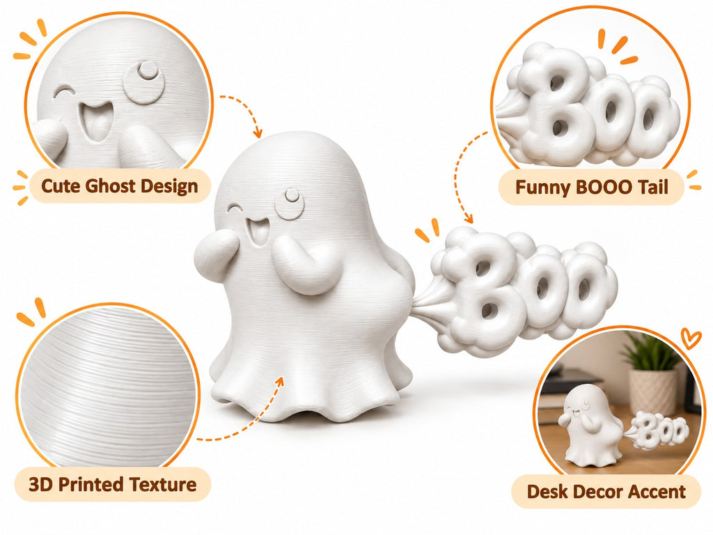 Cute Ghost “BOO” 3D Printed Desk Decor | Halloween Figurine | Shelf & Gift Accent