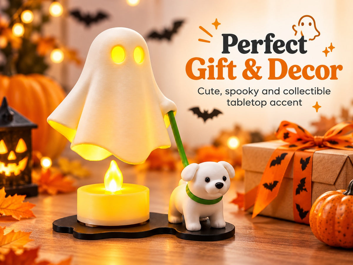 Ghost & Puppy LED Tealight Figurine Set | 3D Printed Cozy Halloween Night Light Desk Decor