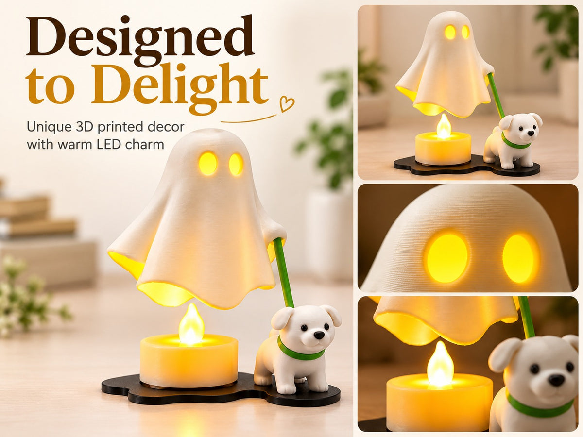 Ghost & Puppy LED Tealight Figurine Set | 3D Printed Cozy Halloween Night Light Desk Decor